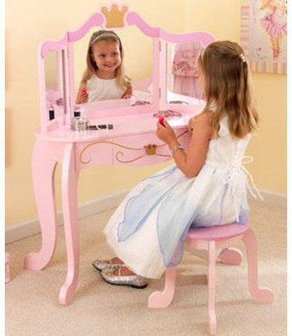 Girls Pink Kids Princess Vanity Mirror Stool Makeup Table Wood